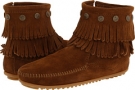 Dusty Brown Suede Minnetonka Double Fringe Side Zip Boot for Women (Size 6)