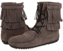 Grey/Brown/White Minnetonka Double Fringe Front Lace Boot for Women (Size 6)