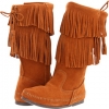 Brown Suede Minnetonka Calf Hi 2-Layer Fringe Boot for Women (Size 9)
